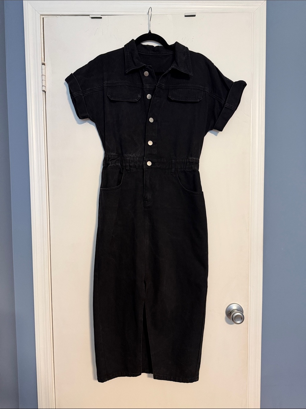 Black Short-Sleeve Button-Front Denim Dress